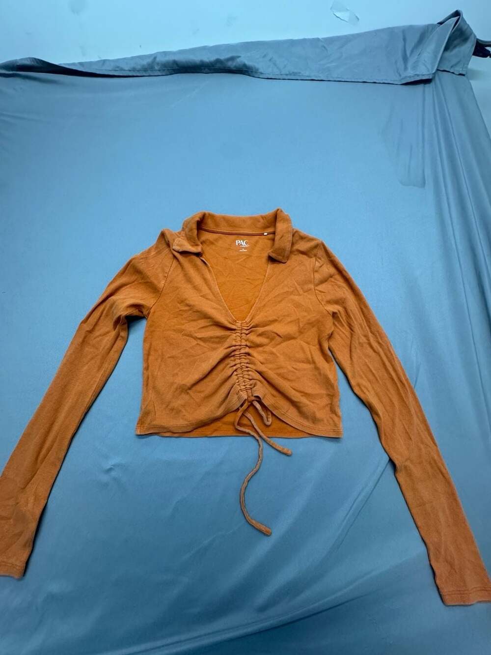 PacCares Ruched Collared Top Size M Orange Long Sleeve Crop